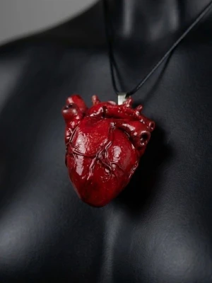 Halsband med anatomiskt hjärthänge - Unikt halsband med ett stort, anatomiskt hjärthänge i blank röd färg. Hänget är detaljerat och tredimensionellt, fäst i en svart rem. Perfekt för dig som gillar statement-smycken med edgy vibe.