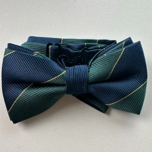 Randig fluga i blått och grönt - Snygg fluga med breda diagonala ränder i marinblått och mörkgrönt, detaljerad med tunna gula linjer. Flugan har en klassisk form och är tillverkad i ett glansigt, ribbat material som ger en exklusiv känsla. Perfekt för dig som vill sticka ut med stil.