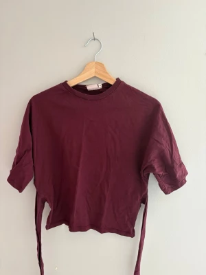 Vinröd topp med knyt - Trendig vinröd  topp med knytband i ryggen och korta ärmar. Perfekt för dig som vill ha en enkel men snygg topp med det lilla extra. Bra skick. Skriv privat för mer information. 