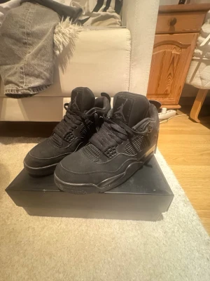 Svarta sneakers  - Snygga helsvarta Jordan sneakers med klassisk siluett och detaljer i mocka och mesh. Skorna har svarta skosnören, synlig Air-dämpning i sulan och ikoniska vingar på sidorna. Perfekta för dig som gillar streetwear och vill ha en stilren look. Säljer på grund av att jag inte använder det längre. Kan såklart även göra rent dem innan köpet.