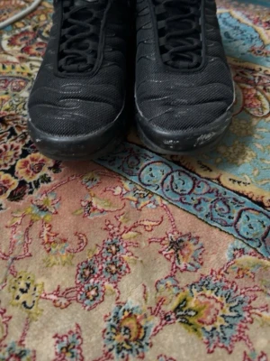 Nike Air Max Plus Tn helsvarta sneakers - Säljer ett par helsvarta Nike Air Max Plus Tn sneakers med klassisk Tn-logga bak. Skorna har mesh- och syntetmaterial på ovandelen, robust sula och svarta skosnören. Perfekta för dig som gillar streetwear och sportig stil. Pris kan diskuteras och är även öppen för bud. Tvättas även innan köpet.