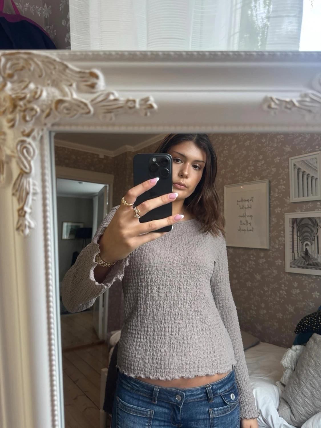 Beige långärmad topp med struktur - 1