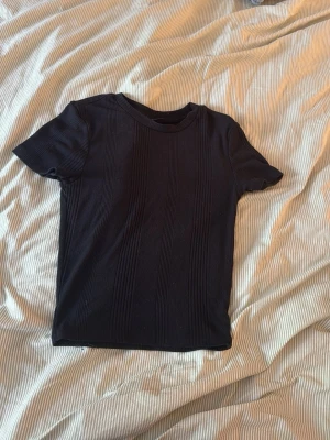 Svart ribbad t-shirt - Säljer en svart ribbad t-shirt med korta ärmar och rund hals. T-shirten har en enkel och stilren design med diskreta vertikala ribbade detaljer som ger en snygg struktur. Perfekt till jeans eller kjol för en clean look.