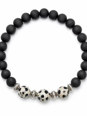 Armband med kristaller - Armband med matta svarta onyx kristaller och dalmatin jaspis. Ca 20 cm, elastiskt. Ett armband som passar till det mesta, lättburet..