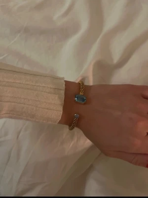 Guldigt armband med blå sten - Snyggt armband i guldton med en stor rektangulär blå sten och en mindre rund blå sten. Armbandet har en flätad kedja som ger en exklusiv känsla och passar perfekt för dig som vill sticka ut med dina accessoarer. Nypris (995) kan diskutera pris vid snabb affär❤️