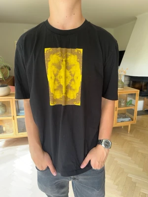 Tiger of Sweden loose fit baggy T-shirt med tryck herr - Tiger of Sweden Svart T-shirt med snygg guldfärgad grafisk print framtill och diskret detalj längst ned. Stilren oversized/casual känsla som passar perfekt till jeans, cargos eller shorts. Fint skick.  #tshirt #svarttshirt #graphictee #graphicshirt #streetwear #casual #blacktee #vintage #style #fashion