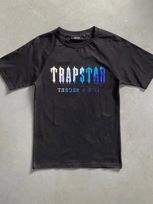 Svart Trapstar t-shirt med tryck - Cool svart t-shirt med färgglatt Trapstar-tryck framtill i blå och vita nyanser. Klassisk passform med korta ärmar och rund halsringning. Perfekt för en streetwear-look.