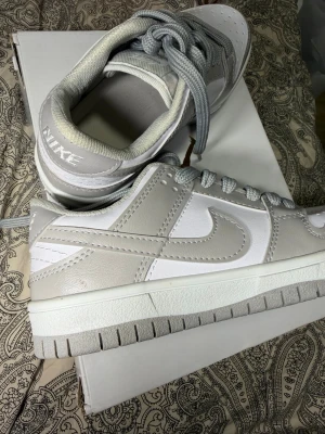 Nike Dunk Low grå och vita sneakers - Snygga Nike Dunk Low sneakers i vitt och ljusgrått. Skorna har klassisk låg siluett, perforerad tåbox och breda grå skosnören. Tillverkade i en mix av läder och textil för en clean och stilren look. Perfekta för dig som gillar streetwear och sportig stil.Aldrig kommit till användning. Endast testat.