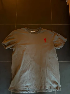 Grå t-shirt Ami Paris - Snygg grå t-shirt med ett broderat rött hjärta på bröstet. Klassisk rund halsringning och korta ärmar. Perfekt basplagg med en liten detalj som sticker ut.