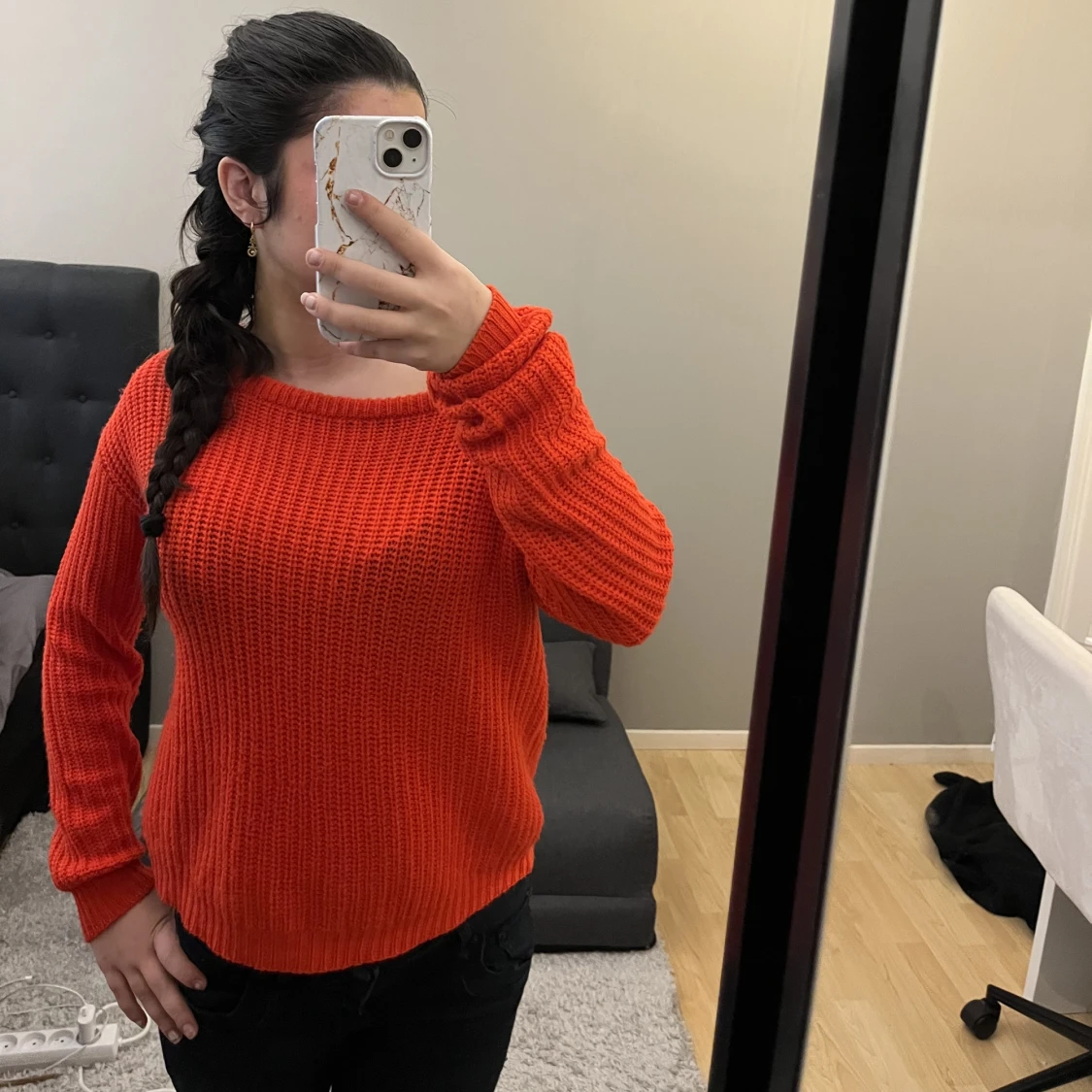 One shoulder röd stickad tröja - 90