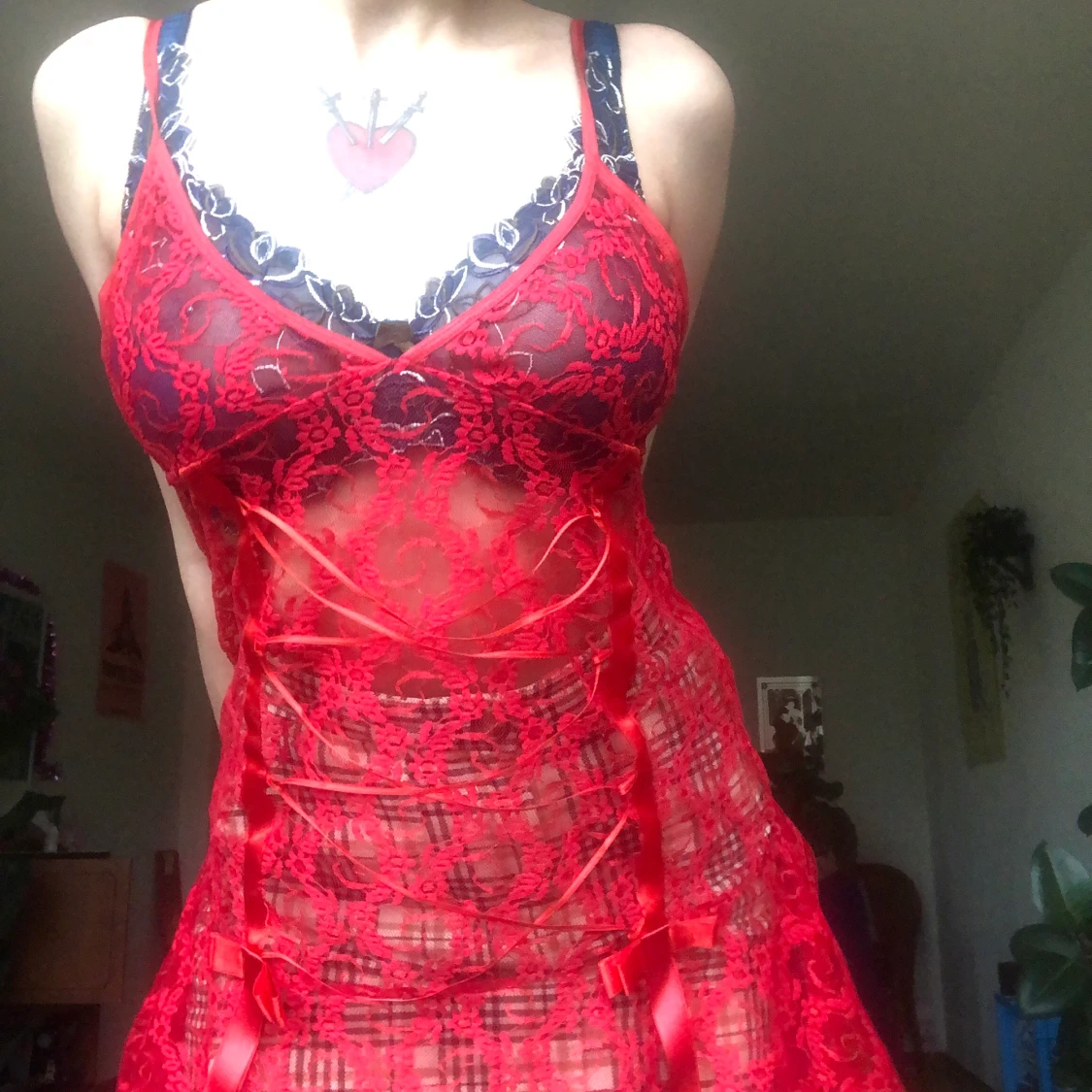 Kattig röd spets neglige klänning - 90