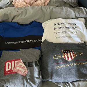 Märkes Hoodie - Säljer 4 märkes hudie!  Den mörk blå Calvin Klein hudie är i storlek 16/170  Den vita peakprformance hudie står det ingen storlek i men den är snäppet mindre än den mörk blåa!  Den mörk grå gant hudie är i storlek 170/15  Disel hudien står ingen storlek