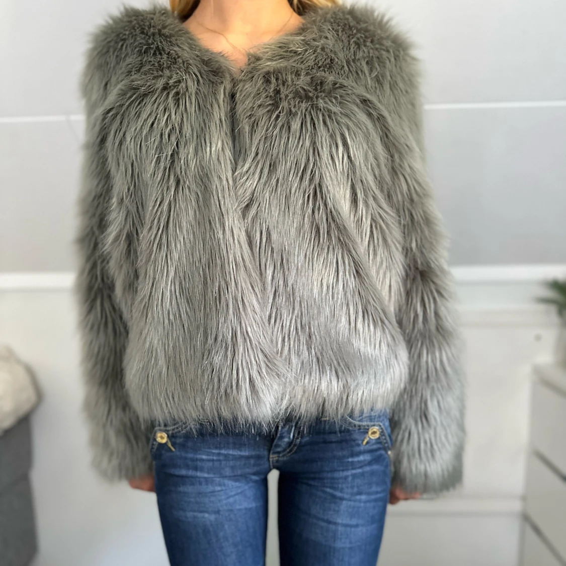 Grå pälsjacka - 90