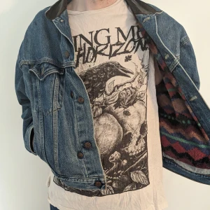 Jeansjacka - Jeansjacka köpt från Depop ett par år tillbaka. Obskyrt kanadensiskt märke. Inre ylle/bommuls -fodring i form av mönstrad "väst" som lätt tas av. Rätt kort på mig. Annars rätt luftig.  Liten fläck under vänster bröstficka