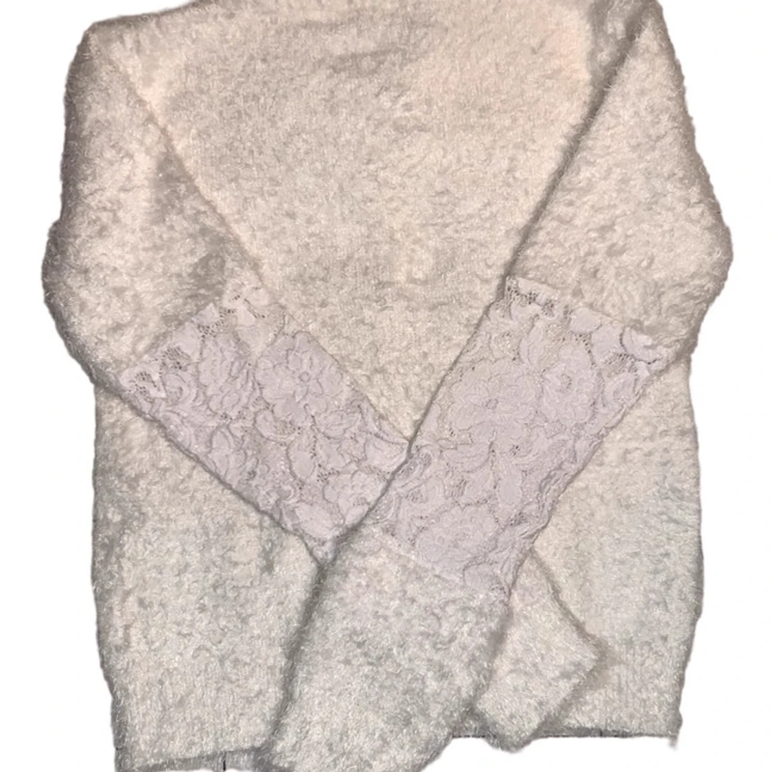 White Fluffy Sweater with Lace Sleeves - 91