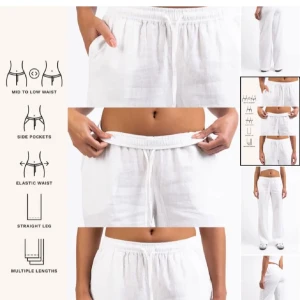 Vita linnebyxor med rak passform - Fräscha vita linnebyxor med rak benform och elastisk midja. De har sidofickor och sitter midwaist till lågmidjade. Perfekta för chill dagar och sommarhäng, med en loose och avslappnad vibe. Materialet är linne vilket gör dem luftiga och sköna.skriv för fler bilder. Dom är i xs/tall. Aldrig använda 