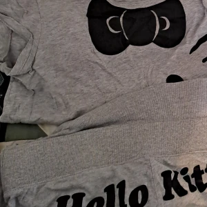 Grå Hello Kitty tröja med svart tryck - Säljer en grå tröja med stort svart Hello Kitty-tryck framtill. Tröjan har rund halsringning och är tillverkad i mjukt bomullsmaterial. Perfekt för dig som gillar söta och avslappnade plagg.