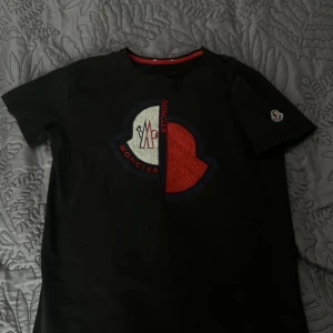 Svart Moncler t-shirt - snygg moncler tröja, passar för sommarens väder. en stor logga i mitten och liten logga p armen, priset kan diskuteras såklart. 