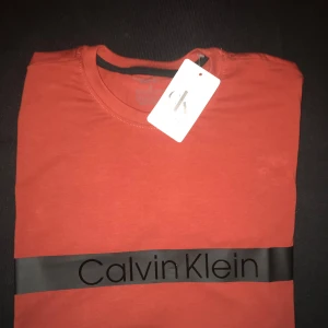 Röd Calvin Klein t-shirt med tryck - Snygg röd t-shirt från Calvin Klein med svart band och logga tryckt över bröstet. Klassisk rund hals och korta ärmar. Materialet känns mjukt och skönt, perfekt för en chill look. Passformen är normal och t-shirten har en stilren design.