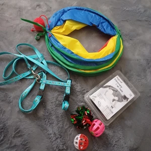 Katt tillbehör  - Säljer en grå återhämtningsdräkt för katt från DogLemi i storlek XS. Perfekt för att skydda sår och bandage. Dräkten är designad för att vara bekväm och lätt att ta på och av. 🐱 även tunnel, sele och bollar