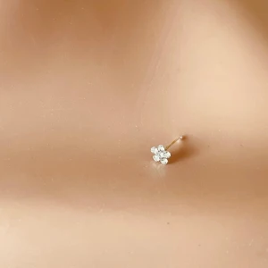 By prisförslag- näspiercing med diamant blomma - Superfin näspiercing i med en liten blomma framtill, dekorerad med fem gnistrande vita stenar. Perfekt för dig som vill ha en söt och stilren detalj i ansiktet. Blomman ger en feminin och trendig touch till din look.