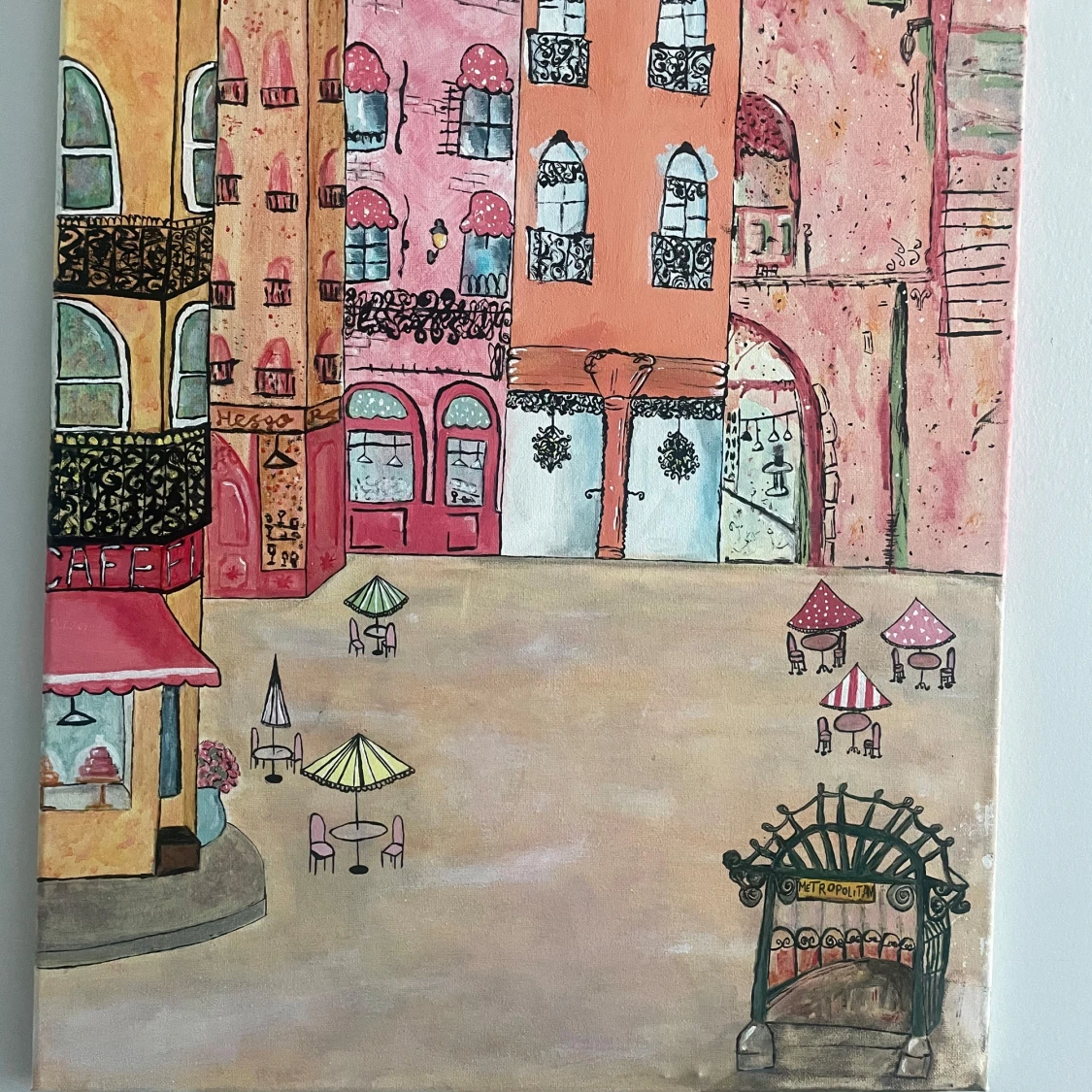 Målning av stadstorg med café och pastellfärgade byggnader - 1