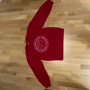 Röd sweatshirt med tryck - Röd sweatshirt med vitt tryck på bröstet där det står 'HEALTH PURE DEDICATION HAPPINESS'. Tröjan har rund hals och långa ärmar. Perfekt för en avslappnad stil.