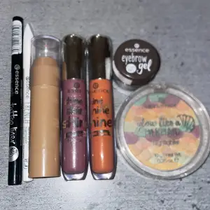 Säljer ett sminkset från Essence med glow like a mermaid highlighter i regnbågsfärger, två shine shine shine läppglans i lila och persikofärg, en krm highliter från technic, 2 nagel pennor, samt en brun ögonbrynsgel i burk. Perfekt för dig som gillar färg och glow! Allt är testat förutom läppglansen❤️ säljer allt för 60kr, pris kan diskuteras🥰