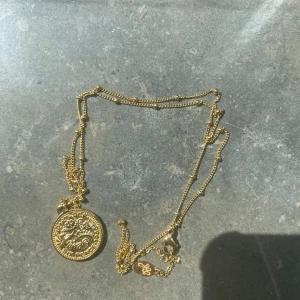 Guldigt halsband med myntberlock - Snyggt halsband i guld med tunn kedja och en rund myntberlock med detaljerat mönster. Perfekt statement-piece för att lyfta din outfit. Kedjan har små kulor och ett litet märke vid låset.