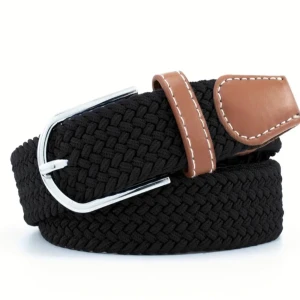 Svart flätat bälte med bruna detaljer - Snyggt svart flätat bälte med bruna läderdetaljer och silverfärgat spänne. Perfekt för att ge en stilren touch till din outfit. Bältet har en klassisk design med en modern twist.
