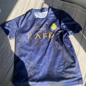 Al Nassr Ronaldo 7 blå fotbollströja - Blå Al Nassr fotbollströja med guldiga detaljer, tryck med Ronaldo och nummer 7 på ryggen. Korta ärmar och rund hals. Materialet är lätt och andas, perfekt för träning eller match. Klubbmärke och sponsorlogga på bröstet.