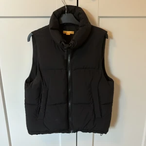 Svart dunväst med hög krage - Stilren svart dunväst med hög krage och dragkedja framtill. Västen har två fickor på sidorna och quiltad design som ger en puffig look. Perfekt att slänga över en hoodie eller tröja för extra värme. Enkel och clean stil som funkar till det mesta. Västen ät från Gina Young och är i stl 158/164 men sitter som en S.