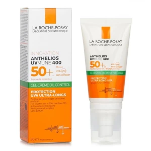 La Roche-Posay Anthelios UVMune 400 SPF 50+ Gel-Crème - Solskyddskräm för ansiktet med SPF 50+ och gel-creme formula. Ger mycket högt skydd mot UVA och UVB, är oljefri och passar känslig hud. Innehåller antioxidanter och är parfymfri. Kommer i en vit och orange tub på 50 ml.