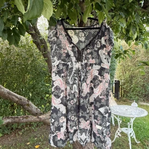 Svart blommig kortklänning med volang - Söt kortklänning i svart med blommigt och paisleymönster i vitt och rosa. Klänningen har v-ringning med spetsdetalj, korta ärmar och volangkant nertill. Tunt och luftigt material, perfekt för varma dagar. Storlek 2 som enligt deras storleksguide motsvarar en storlek M.  Mycket fint skick, jag hittar inga synliga anmärkningar eller defekter. 