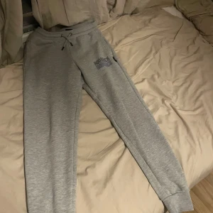 Grå mjukisbyxor från Hoodrich - Säljer ett par grå mjukisbyxor från Hoodrich med justerbar dragsko i midjan. Byxorna har en avslappnad passform och är perfekta för en bekväm stil. Hoodrich-loggan är tryckt på benet i svart och blått.