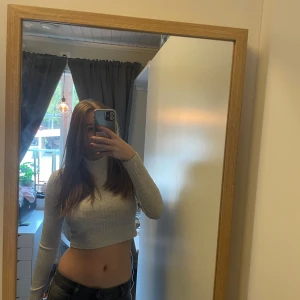 Grå croppad tröja - Säljer en stilren grå croppad tröja med lång ärm. Perfekt för en trendig look. Passar bra till jeans eller kjol. Hör av dig vid intresse!