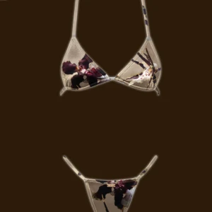 Blommig bikini från Solqini - Supersnygg bikini från Solqini med blommigt mönster i beige, svart och vinrött. Klassisk trekantsmodell upptill och smala knytband på både över- och underdel. Perfekt för stranden eller poolen, och ger en trendig vibe hela sommaren. Endast använt bikinitoppen en gång. Nypris: 900 kr (inkl. tull och frakt) 