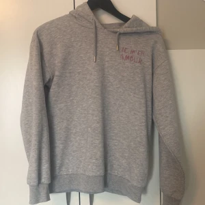 Grå hoodie med tryck från Gina Tricot - Grå hoodie från Gina Tricot med huva och snörning. Tryck i rosa och svart med texten 'Je m'en amour' både fram och bak. Mjuk bomullsblandning och ribbade muddar. Perfekt för en chill och avslappnad stil. Lite sönder i fram💞