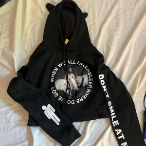 Svart Billie Eilish hoodie med tryck - Svart croppad hoodie med öron på huvan och stort tryck av Billie Eilish på bröstet. Texten 'WHEN WE ALL FALL ASLEEP, WHERE DO WE GO?' runt motivet och 'DON'T SMILE AT ME' på ena ärmen. Jätte gullig och fin