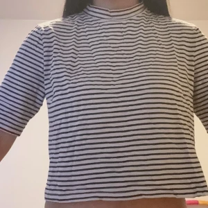 Randig topp från Monki med hög hals - Säljer en vit och marinblå randig topp från Monki i storlek M. Toppen har hög hals, korta ärmar och croppad passform. 