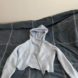 Ljusblå ribbad hoodie - Säljer en ljusblå hoodie med dragkedja och ribbade detaljer. Den är croppad och har långa ärmar. Perfekt för en avslappnad stil. Hör av dig vid intresse!