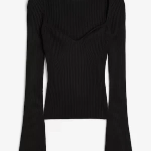 Svart ribbad topp från H&M - Snygg svart ribbad topp med lång ärm och v-ringad design. Perfekt för en stilren look.