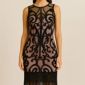 Svart spetsklänning från Fervente - Supersnygg ärmlös kortklänning från Fervente med svart spets och glittriga detaljer över en ljusrosa bas. Klänningen har ett unikt mönster och mesh upptill som ger en cool look. Perfekt för dig som vill sticka ut med stil!