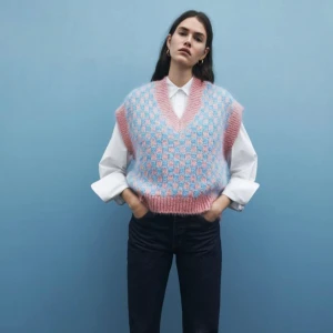 Rutig stickad väst från Zara - Superfin stickad väst från Zara i rosa och ljusblått rutmönster. Västen har v-ringning, breda ribbade kanter och en loose fit. 