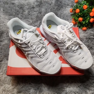 Vita Nike Air Max Plus sneakers - Säljer ett par fräscha vita Nike Air Max Plus sneakers med klassisk Tn Air-detalj i hälen. Skorna har en sportig design med synlig luftdämpning, rund tå och snörning. Perfekta för dig som gillar stilrena och bekväma sneakers.