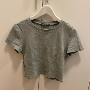 Grå/grön croppad t-shirt från Zara - Säljer en enkel och stilren grå/grön croppad t-shirt från Zara. T-shirten har rund halsringning och korta ärmar, perfekt för en avslappnad look. Tillverkad i mjuk bomull för extra komfort.