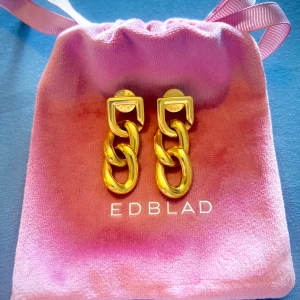Guldiga kedjeörhängen från Edblad - Säljer ett par trendiga örhängen från Edblad i guldton. Örhängena har en chunky kedjedesign och levereras i en rosa sammetsförpackning med band. Perfekta för att lyfta din stil! (Aldrig använda) !
