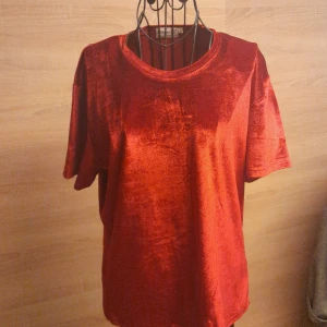 Röd sammetst-shirt från Cappuccini - Riktigt snygg röd t-shirt i sammet från Cappuccini. Den har klassisk rund halsringning och korta ärmar. Materialet ger en lyxig känsla och den har en loose passform som känns chill och trendig. Perfekt för dig som vill sticka ut lite extra.