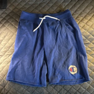 Blå shorts från Champion - Säljer ett par blå shorts från Champion med snörning i midjan och ett broderat märke på benet. Perfekta för en avslappnad stil.