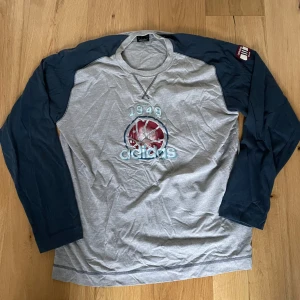 Grå och blå långärmad tröja från Adidas - Säljer denna assnygga grå och blå långärmade oversize tröjan från adidas. Den är köpt på second hand tidigare, men är än i superskick. Materialet är ganska tunt och luftigt.